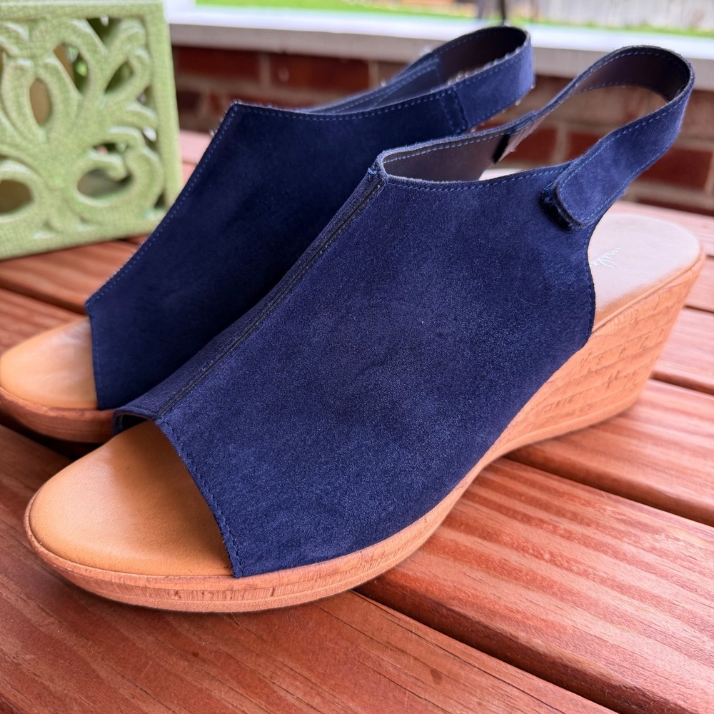 Mila Paoli Navy Blue Leather Suede Slingback Wedge Sandals Made in Italy 8.5 - Picture 5 of 10